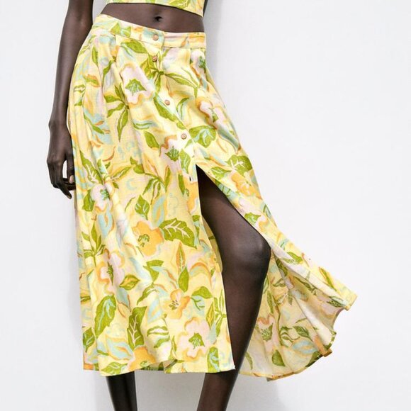 ZARA Button Front Long Linen Floral Skirt - Picture 3 of 7